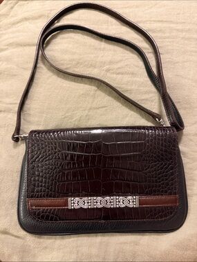 Vintage Brighton Brown Croc-Embossed Leather Clutch with Silver Accent
